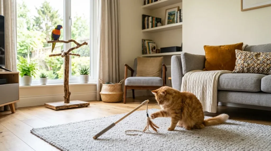A selection of the best enrichment toys for UK pets displayed in a bright, modern living room.