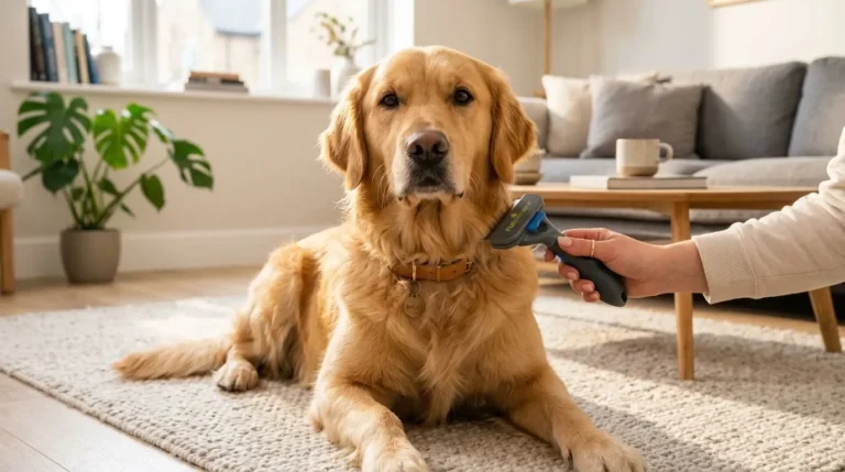A person grooming a dog at home in a bright UK living room to keep fur under control.
