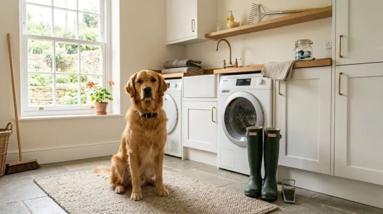 A clean dog sitting in a tidy UK utility room with grooming and cleaning tools.