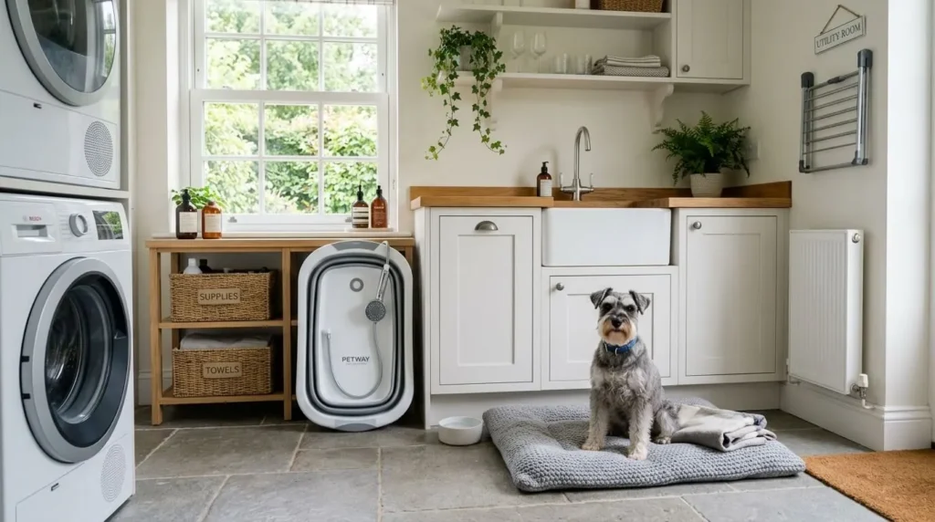 Pet grooming at home in an organized utility room