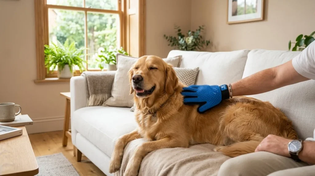 A person using pet hair removal gloves UK on a golden retriever
