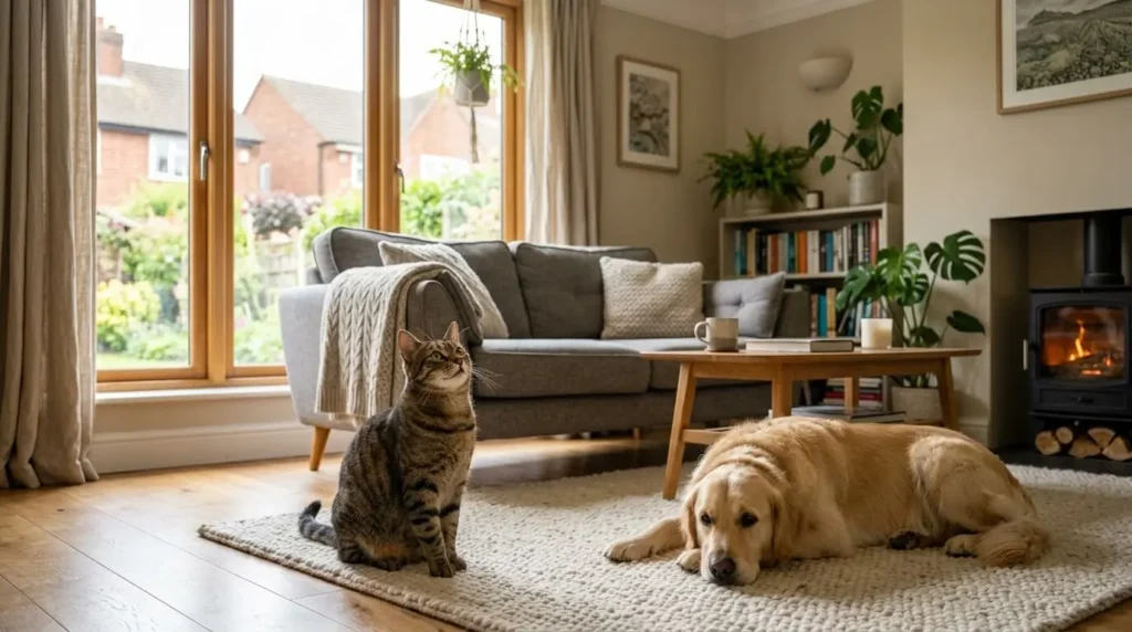 A tabby cat and a relaxed dog in a cosy living room, representing pet play and enrichment at home.