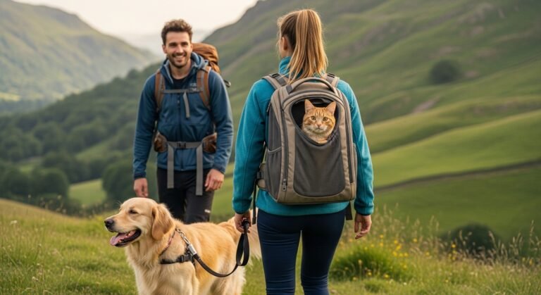 A professional cat backpack and dog hiking gear being used in the British countryside.
