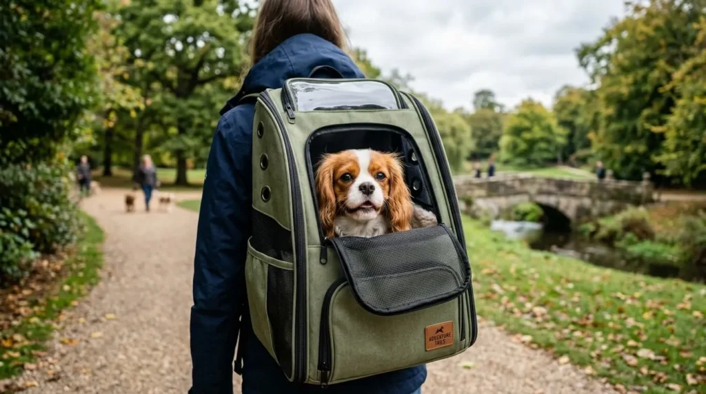 A small dog sitting comfortably in a breathable pet carrier backpack during a park walk.
