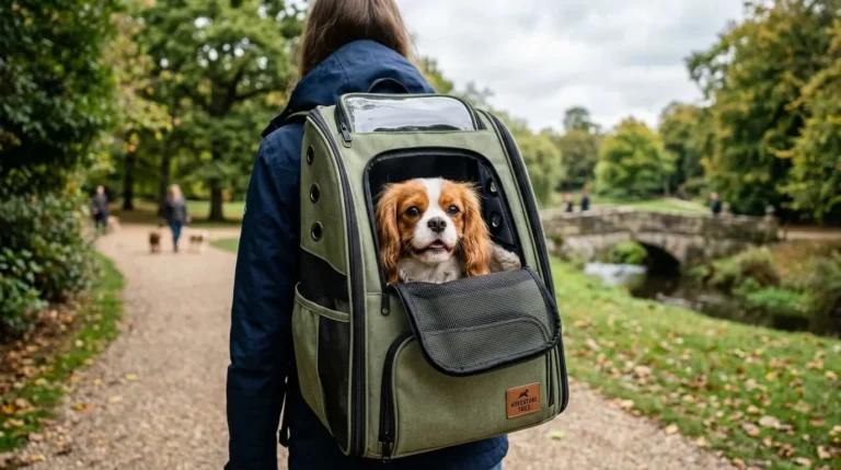 A small dog comfortably sitting in a breathable pet travel backpack while out on an outdoor adventure.
