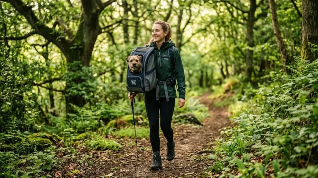 Person hiking in the UK forest with a dog in a breathable pet travel backpack.