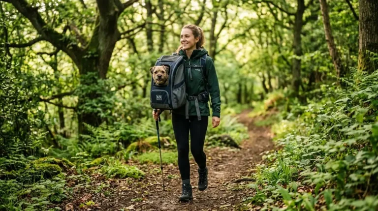 Person wearing a comfortable pet travel backpack while hiking in a UK forest with their dog.