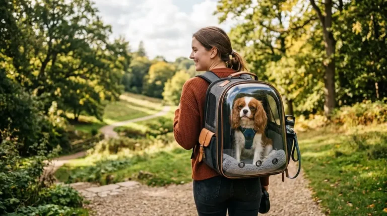 A small dog enjoying a walk in a breathable, high-quality pet travel backpack in a UK park.