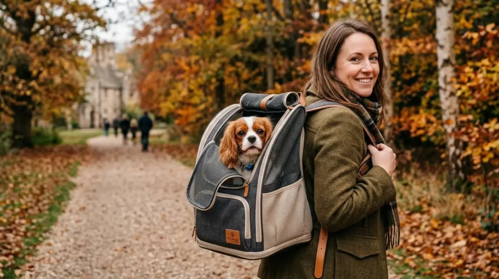 Small dog in a breathable pet travel gear UK backpack