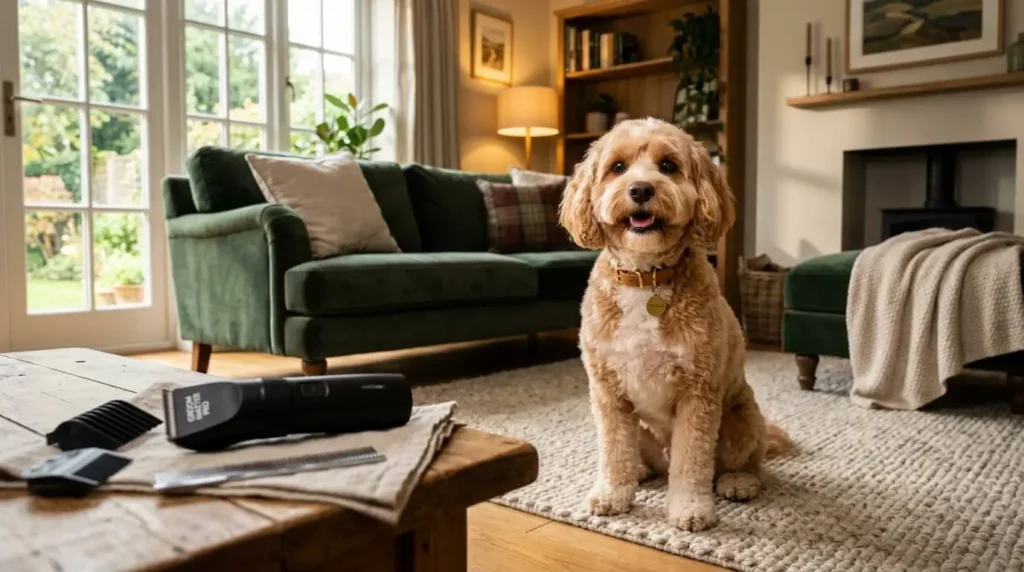 Professional dog grooming at home using quiet clippers.