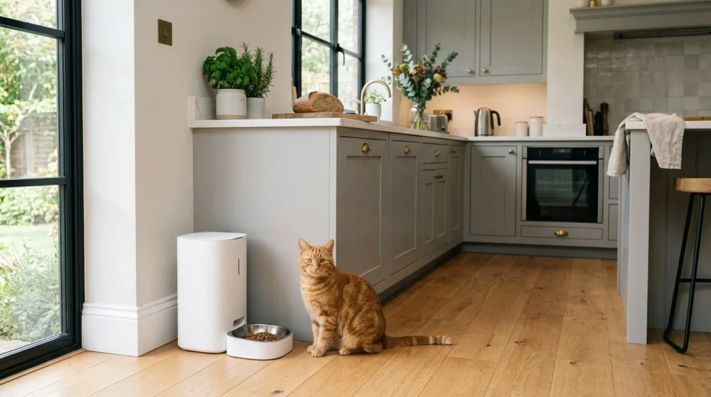A smart automatic pet feeder sitting on a modern kitchen floor in a UK home.