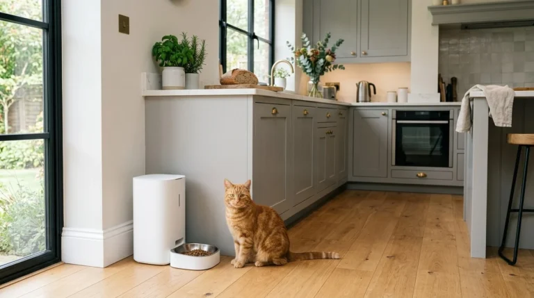 A smart automatic pet feeder with a stainless steel bowl in a modern British kitchen.