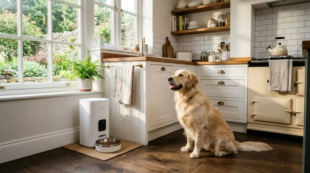 Smart pet feeding UK lifestyle in a modern kitchen.