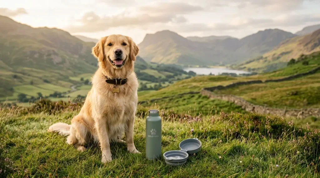 A happy dog sitting on a grassy hill next to a stainless steel travel water bottle during a walk in the UK.