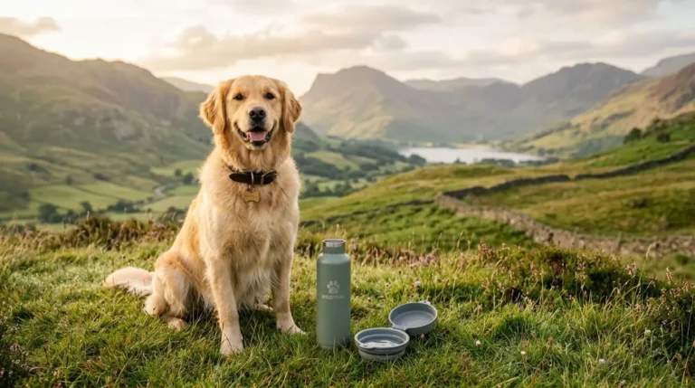A happy dog sitting on a grassy hill next to a stainless steel travel water bottle during a walk in the UK.