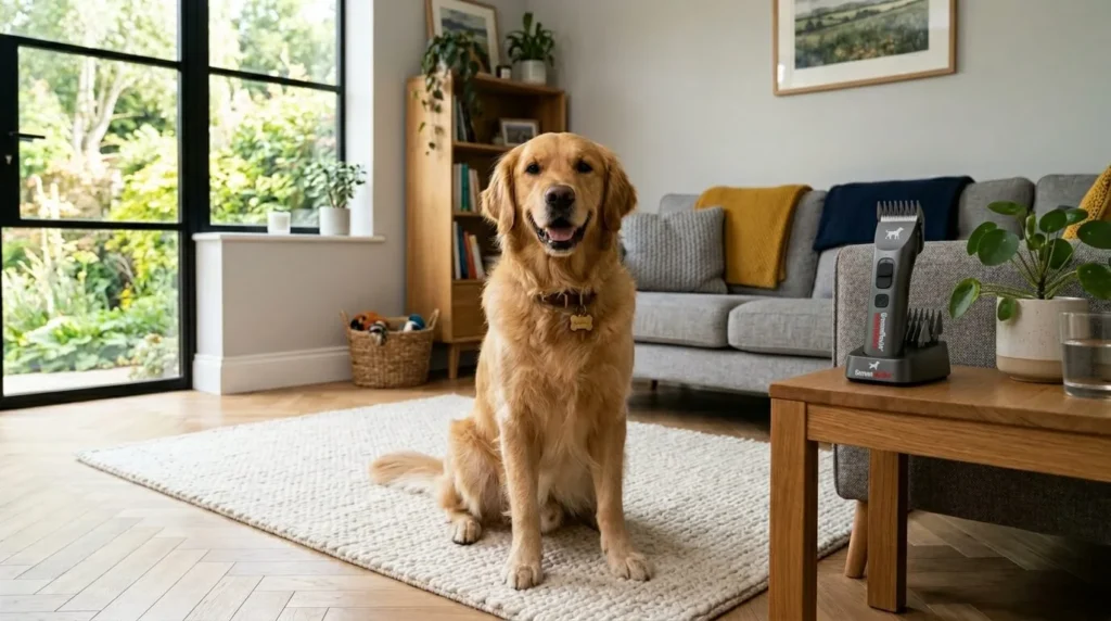 Owner following at-home dog grooming tips to brush a calm dog.