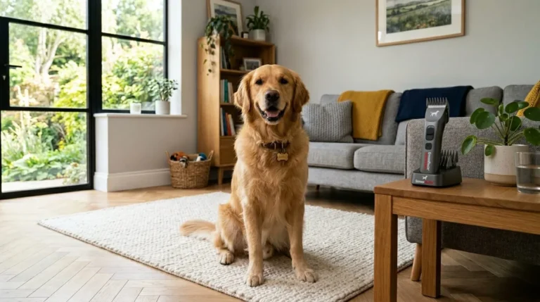 A happy dog enjoying a stress-free grooming session at home.