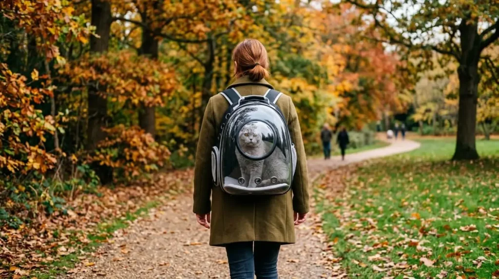 Transparent pet carrier backpack with a cat inside looking at a UK park.
