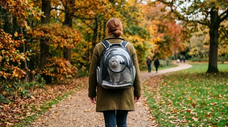 A cat looking through a transparent space capsule backpack during a walk in a UK park.