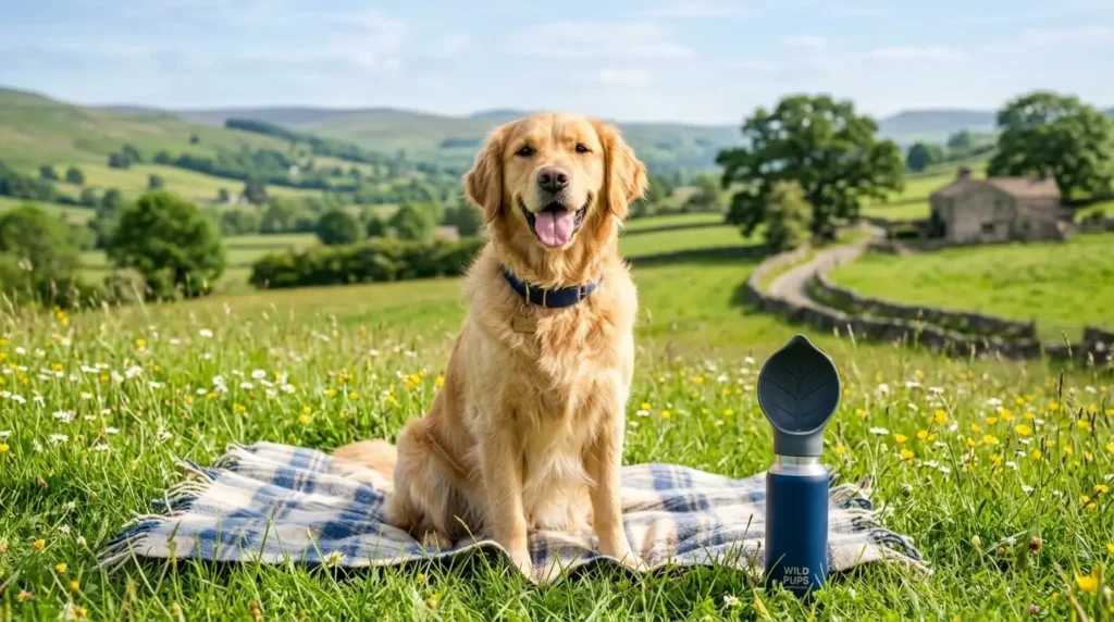 Portable travel pet feeding accessories for dogs on a UK hiking trail.