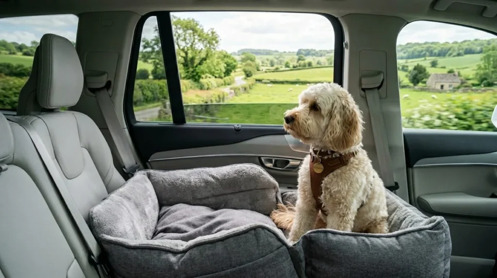 A small dog relaxing in a car, showcasing the best pet travel essentials UK.